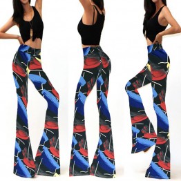 Womens Flared Leggings Printed Long Pant Elastic High Waist Trousers Summer 2016 Skinny Bell Bottoms Stretch Knit Wide Leg Pants