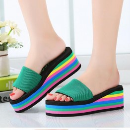 Women sandals slippers 2017 new summer fashion rainbow leopard muffin sandals home shoes wedge heels beach sandals z158