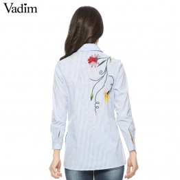 Women sweet floral embroidery striped long shirts long sleeve blouse side split turn-down collar casual tops blusas LT1120