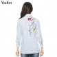 Women sweet floral embroidery striped long shirts long sleeve blouse side split turn-down collar casual tops blusas LT112032717095611