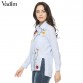 Women sweet floral embroidery striped long shirts long sleeve blouse side split turn-down collar casual tops blusas LT112032717095611