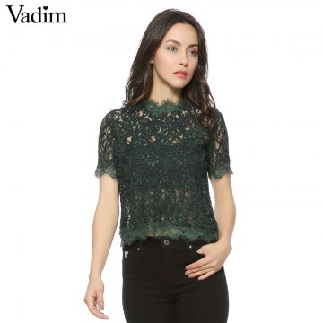 Women sweet lace crop tops short sleeve vintage casual o-neck blouse back zipper ladies fashion streetwear shirts blusas DT85732774410995