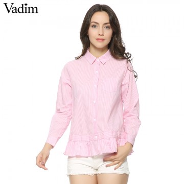 Women sweet striped loose shirts full cotton long sleeve turn down collar blouse pleated casual office wear tops blusas LT116532724469998