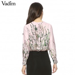 Women vintage floral tie shirt jumpsuit long sleeve elastic waist retro blouse fashion streetwear casual tops blusas LT1253