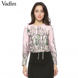 Women vintage floral tie shirt jumpsuit long sleeve elastic waist retro blouse fashion streetwear casual tops blusas LT1253
