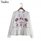 Women vintage flower embroidery full cotton shirts long sleeve ruffles pleated o neck blouse ladies casual tops blusas LT1400