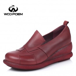 WooPoem Spring Autumn Shoes Women Cow Leather Breathable Pumps Wedges High Heels Shoes Classic Platform Women Pumps 819-18