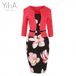 Yilia Women One Piece Patchwork Floral Print Elegant Business Party Formal Office Plus Size Bodycon Pencil Casual Work Dress