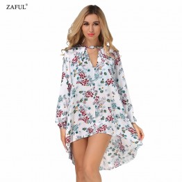 ZAFUL Women Dress Trendy Long Sleeve Keyhole Neck Floral Print Elegant Lady Beach Casual  Midi Dresses cheap vestidos de festa 