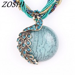 ZOSHI 2017 new Peacock rough chocker necklace Female clavicle short chain Natural stone pendant necklaces summer style jewelry
