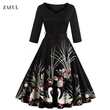 Zaful New S- 4XL Trendy Plus Size Vintage Women Dress Summer Autumn Elegant Big Swing Dresses With Belt Tunic Vestidos