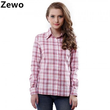 Zewo Fashion Women Blouses Long Sleeve Turn Down Collar Plaid Shirts Women Casual Cotton Shirt Ladies Tops Blusa Femme 201732575985686