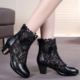 genuine leather female spring and autumn cutout mesh boots medium heel shoes women's martin boot