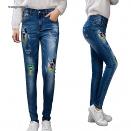 jeans women boyfriend jeans with embroidery Mickey Mouse Donald Duck mid waist Skinny fashion sexy harem pants fat sister XL 4XL