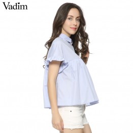 women elegant butterfly sleeve loose pleated cute shirts pleated blue back bow short sleeve blouse summer casual tops DT729