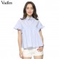 women elegant butterfly sleeve loose pleated cute shirts pleated blue back bow short sleeve blouse summer casual tops DT72932670924794