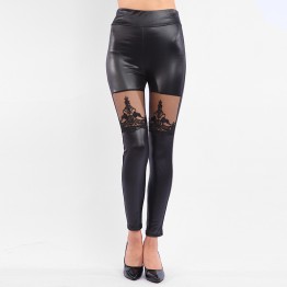 women gothic lace Leggings lady casual slim legging sexy floral lace fake leather pants middle high wasit Skinny pant